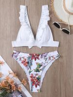 hotx 【cw】 Ruffle 2023 Knot Back Swimwear Female Strape Swimsuit Padded Beachwear Bathers Printed Bathing