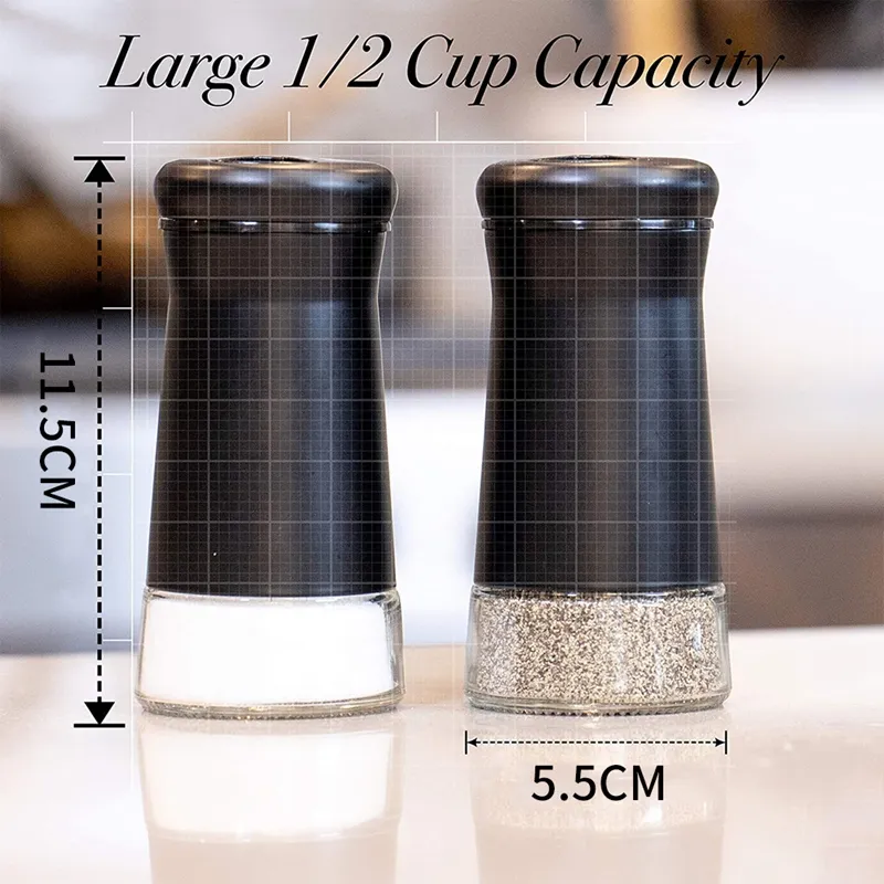 The Original Salt and Pepper Shakers set - Black -Spice Dispenser with  Adjustable Pour Holes - Stainless Steel & Glass - Set of 2 Bottles