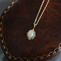 925 Sterling Silver Plated 14K Gold Opal Inlaid Zircon Retro Gemstone Ring Necklace French Fashion Trendy Jewelry Set Girl Gift Fashion Chain Necklace