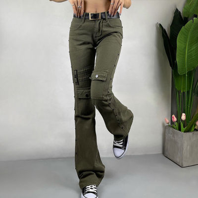 Vintage Y2K Army Green Flare Jeans Women Casual Solid Pockets Baggy Denim Trousers Low Waist Aesthetic Grunge Fairycore Joggers