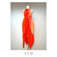 Kemissara Bias Cut Pleated Skirt Orange Elastic Waist กระโปรงพลีตสีส้ม กระโปรงเดรป กระโปรงชายเเหลม กระโปรงเอวอีลาสติก กระโปรงเอวยางยืก