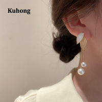 Kuhong ต่างหูเงินสตรี,ตุ้มหูทรงยาวมีพู่ห้อยรูปใบไม้