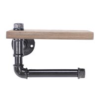 ♤卍♗ Toilet Roll Holder Multifunction Retro-Styled Iron Pipe Wall Mount Paper Towel Rack with Wooden Storage Shelf Retro Bathroom