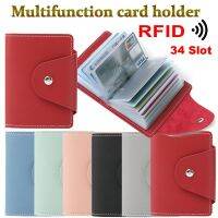 OKDEALS กระเป๋าสีลูกกวาด RFID ปิดกั้นกระเป๋าใส่บัตรเครดิต PU กระเป๋าสตางค์หนัง34ช่องเสียบการ์ด