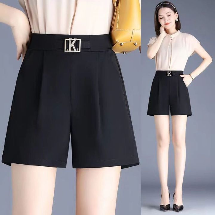กางเกงผ้าไหมไอซ์เอวสูงของผู้หญิงแนวเกาหลีขาบานเข้ารูปใส่ได้หลายโอกาสใหม่ฤดูร้อนปี2023-celana-setelan