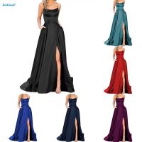 【HODRD】Women Elegant Backless Long Dress Satin Strapless Party Prom Side Slit Dress【Fashion】