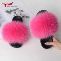 Women Summer New Real Fox Fur Slippers Indoor And Outdoor Fashion Furry Flat Slides Raccoon Fur Beach Fashion Furry Shoes