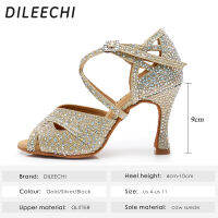 DILEECHI รองเท้าเต้นรำแบบละติน Silver Gold Big Rhinestone Glitter ผู้หญิงแฟลชบอลรูมเต้นรำรองเท้าปาร์ตี้ Salsa Soft รองเท้า