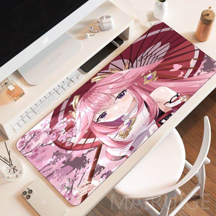 kawaii-yae-miko-mousepad-mouse-pad-gamer-carpet-rug-pink-mousepads-genshin-impact-large-xxl-gaming-accessories-keyboard-desk-mat