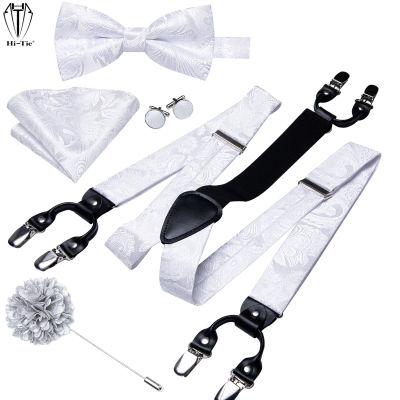 Hi-Tie Silk Mens Suspenders White Floral 6 Clips Braces Bowtie Pocket Square Cufflinks Brooch Set For Men Suspender Wedding Gift