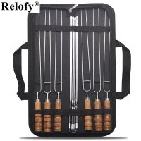 10PCS/Set Stainless Steel Wire U Type BBQ Skewers Wood Handle Grill Roasting Sticks Outdoor Camping BBQ Tools Storage Bag Kit