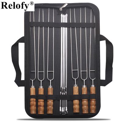 10PCS/Set Stainless Steel Wire U Type BBQ Skewers Wood Handle Grill Roasting Sticks Outdoor Camping BBQ Tools Storage Bag Kit