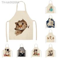 ✿ 1Pcs Lovely Cat Pattern Kitchen Apron for Women Kids Custom Cotton Linen Bibs Cute Aprons Cleaning Pinafore Home Cooking 53x65cm