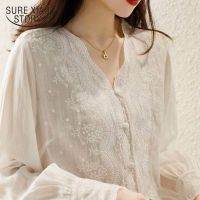 French Embroidery Flower Lace Shirt Womens V Neck Sweet Long Sleeve Linen Blouse Women Autumn Loose Elegant Sunscreen Top 16108