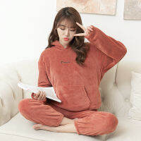 ชุดนอนขนแกะปะการัง Fairy Warm สูทกางเกงใหม่สบาย ๆ แขนยาว Homewear หนาแฟชั่นผู้หญิง