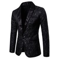 ZZOOI Men Floral Jacquard Blazer Suit Jacket Dinner Party Prom Wedding Stylish Tuxedo Blazers Men Stage Singer Clothing Costume Homme