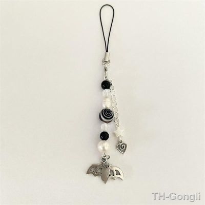 【hot】✤✜  Bat phone charm keychain mobile chainWith black beads swirly glass beads freshwater pearl and heart
