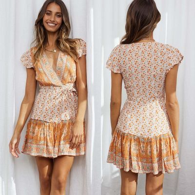 Sexy summer deep v belt print dress with short sleeves