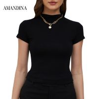 Amandina เสื้อยืดรุ่นสั้นเสื้อครอปสีน้ำตาลดำดำ