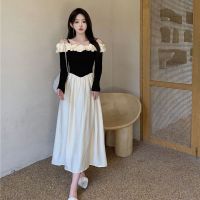 One-word shoulder long-sleeved dress 2023 autumn new French style lotus leaf edge waist medium-long A-shaped dress woman