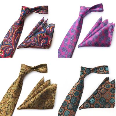 Ricnais Men 39;s 8cm Formal Tie Set Gold Red Paisley Floral Silk Jacquard Handkerchief Necktie Suit Business Wedding Accessories