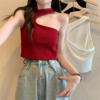 ANRUO เสื้อผ้าผู้หญิงคอ Halter สีแดงสายเดี่ยวไหล่เอียงแฟชั่น Atasan Bahan Rajut ฤดูร้อน