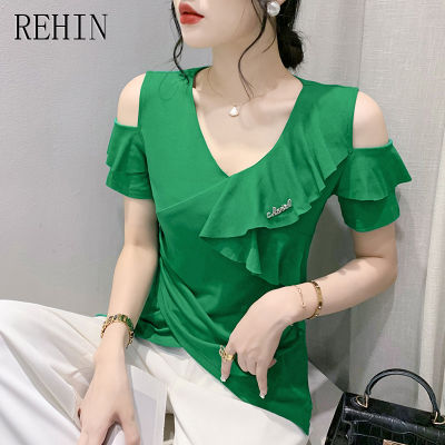 REHIN เสื้อผู้หญิงแฟชั่นใหม่ฤดูร้อนเสื้อเปิดไหล่คอวีผ่าเข้ารูปเสื้อตามเทรนด์แขนสั้น