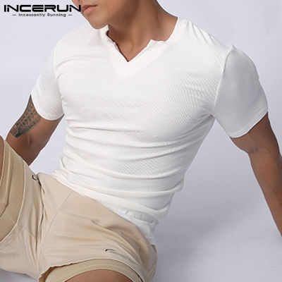 INCERUN เสื้อยืดผู้ชายคอวีเสื้อสตรีแขนสั้นเสื้อยืดพอดีตัวยิมเสื้อยืดเสื้อกีฬา (สไตล์เกาหลี)