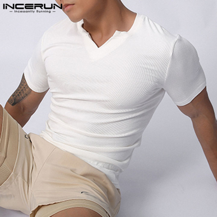 incerun-เสื้อยืดผู้ชายคอวีเสื้อสตรีแขนสั้นเสื้อยืดพอดีตัวยิมเสื้อยืดเสื้อกีฬา-สไตล์เกาหลี