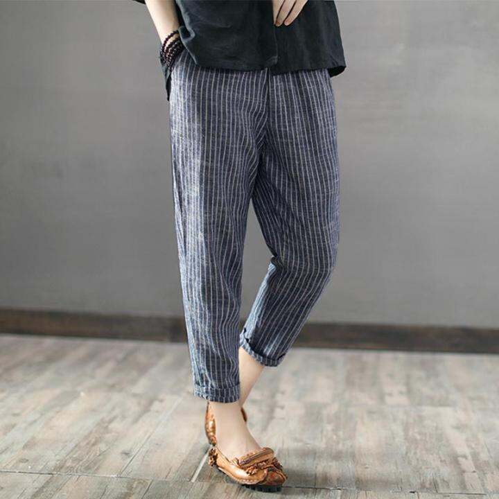 จัดส่งฟรี-zanzea-women-plus-size-pants-striped-office-ol-high-waist-pencil-trousers