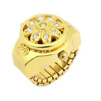 Round Dial Crystal Flower Decor Elastic Band Finger Ring Watch Gold Tone for Lady