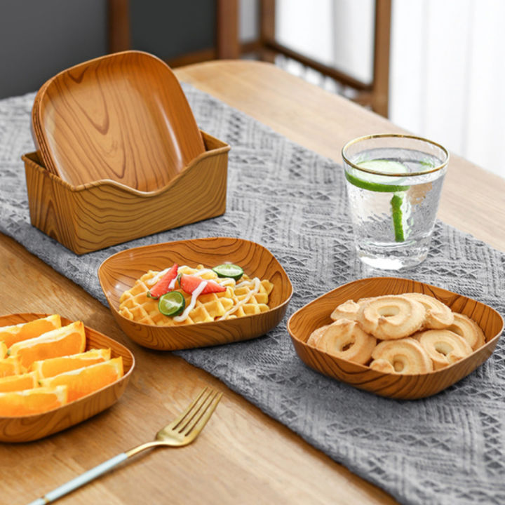 Hourser Imitation Wood Grain Stackable Spit Bone Dish Snack Plate Cake Tray Dining Table Plate