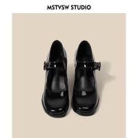 2023Mary Jane Shoes Women Retro British Style Hepburn Black High Heel One Word Buckle Thick Heel Square Head Single Shoes Women