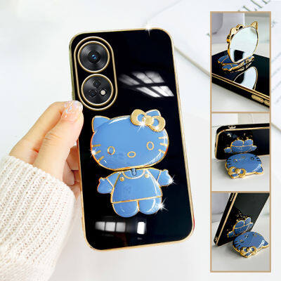 เคสโทรศัพท์ Hontinga สำหรับ OPPO Reno8 T Reno8T Reno 8 T 5G 4G พร้อม Hello Kitty Stand สีทึบแฟชั่นหรูหราชุบโครเมี่ยมนิ่มเคสโทรศัพท์ TPU สี่เหลี่ยมคลุมทั้งหมดกล้องเคสกันกระแทกเคสยางสำหรับเด็กผู้หญิง