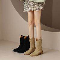 [COD] cowboy boots womens chunky heel retro 2022 new autumn and winter short British style mid-tube women