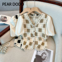 PEAR DODO เสื้อเชิ้ตแขนสั้นคอวีสำหรับผู้หญิงย้อนยุคเกาหลีลายสก๊อตทรงหลวม