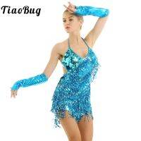 Womens Sequined Latin Dance Dress Halter Tassels Fringe Backless Salsa Rumba Samba Tango Latin Dance Dress