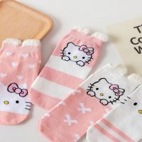 YUNENY ถุงเท้าข้อเท้าแฟชั่นรูปการ์ตูนคุณภาพสูง KAOS Kaki Anak Perempuan แมวฮาราจูกุถุงเท้าผ้าฝ้ายสไตล์เกาหลีสำหรับผู้หญิงสีขาวสีชมพู