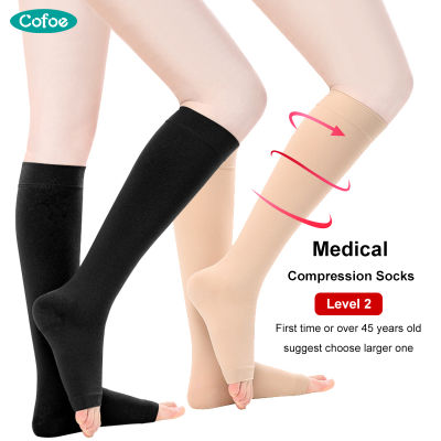 Cofoe 1คู่ถุงเท้าความดันถุงเท้าการบีบอัดระดับ2ยืดหยุ่นเส้นเลือดขอดถุงเท้า23-32 MmHg ความดันด้านล่างเข่าเปิดนิ้วเท้า Leggings ถุงน่องสำหรับผู้ชายผู้หญิงป้องกันเส้นเลือดขอดกำจัดอาการบวมน้ำ