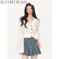 Ruo Bei Xuan เสื้อครอปสไตล์เด็กผู้หญิง,เสื้อแฟชั่นผู้หญิงคอวีทรงหลวมเสื้อคาร์ดิแกนกันหนาว