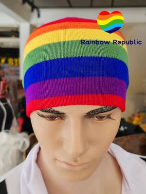 หมวกไหมพรม หมวกไหมพรมสีรุ้ง หมวก หมวกบีนนี่ หมวกฮิบฮอป ฮิบฮอปห Rainbow Pride LGBT LGBTQ Stripe Stripped Multi Color Knit Beanie Hat Hip Hop Skullies Cap