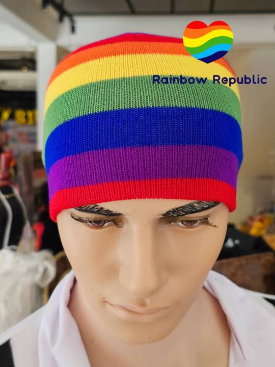 หมวกไหมพรม-หมวกไหมพรมสีรุ้ง-หมวก-หมวกบีนนี่-หมวกฮิบฮอป-ฮิบฮอปห-rainbow-pride-lgbt-lgbtq-stripe-stripped-multi-color-knit-beanie-hat-hip-hop-skullies-cap