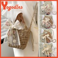 【Ready Stock】 ❅ C23 Yogodlns Floral Embroidery Bow Decor Straw Shoulder Bag Woven Hollow Bucket Beach Summer Crossbody Bag