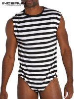 （A NEW） INCERUN Men Striped Bodysuits 2022 O Neck Crocodies Underwear PajamasSexy Men Bodysuit S 5XL