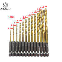 13pcs HSS Drill Bit For Metal Titanium Coated Twist Drill Set 1.5 ~ 6.5mm with 14" Hex Shank Hex Screw Woodworking DT6