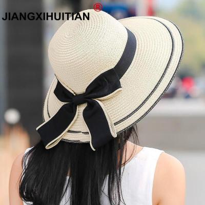 [hot]Sun Hat Big Black Bow Summer Hats For Women Foldable Straw Beach Panama Hat Visor Wide Brim Femme Female 2018 New