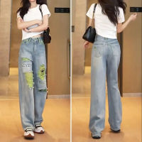 2023 Letter Print Jeans Women Loose Ripped Hole Female Denim Pants Full-length All-match Summer Fashion New High Waist College Pantalones Wide Leg Vintage Trousers Woman