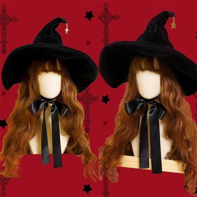 Retro Vintage Gothic Lolita Cosplay Witch Hat Ribbon Bow Wizard Hats Women Costume Accessories Halloween Party Dress Decor Gift