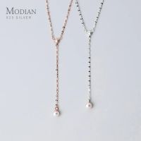 MODIAN 925 Sterling Silver Shiny Zircon Y-Shape Elegant Pearl Pendant Necklace for Women Rose Color Gold Necklace Fine Jewelry