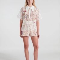 P015-020 PIMNADACLOSET -2 Piece - Shirt &amp; Shorts Cream Stenciled Decorated With Knitted Flowers Set